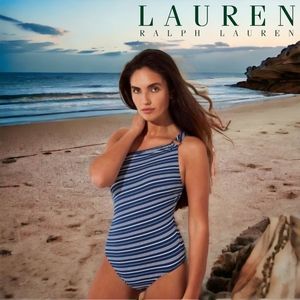 ☀️☀️☀️ Lauren Ralph Lauren Blue And White Stripe One Shoulder Swim Suit